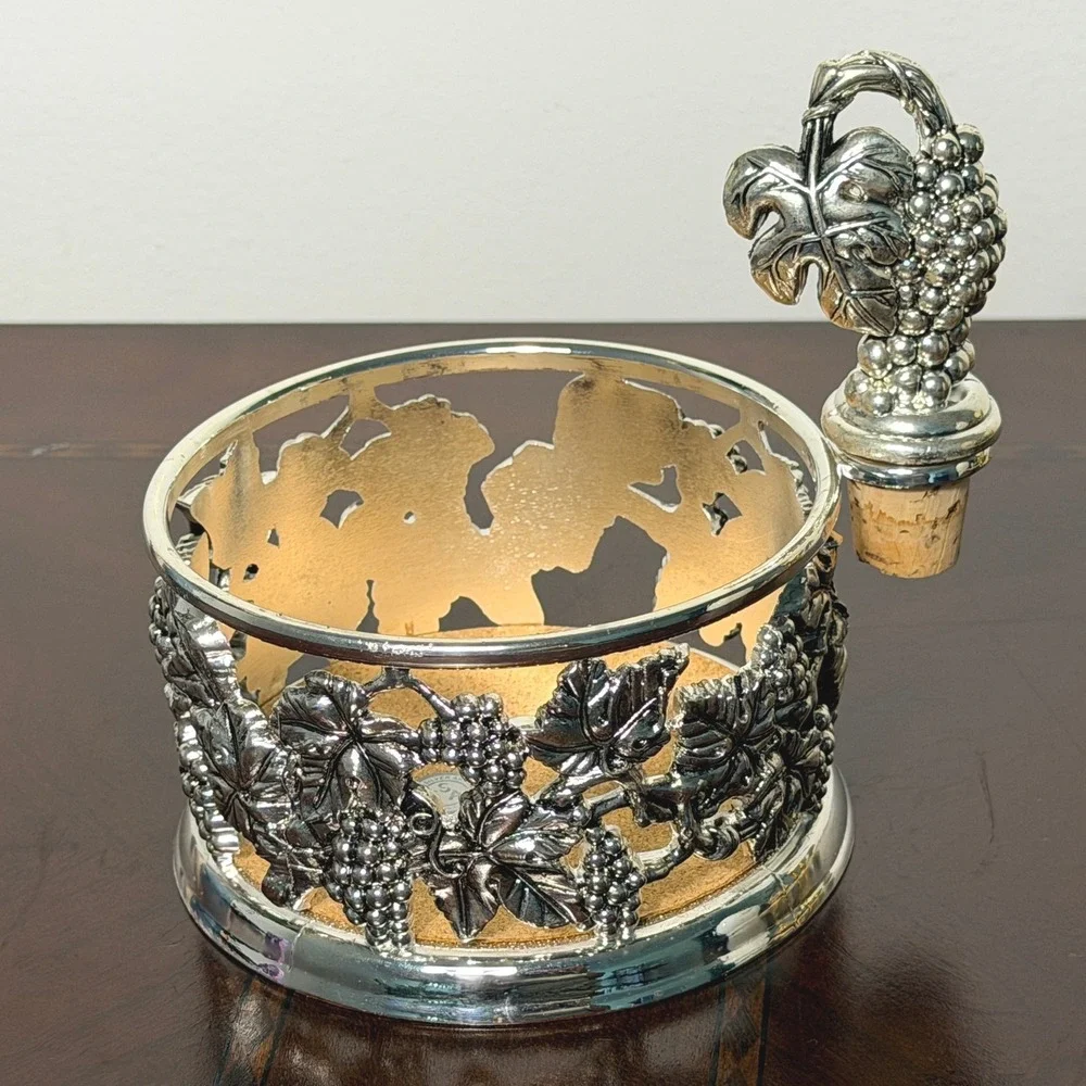 Vintage Godinger Silver Grapevine Wine Coaster Stopper Set Ornate Tuscan Barware